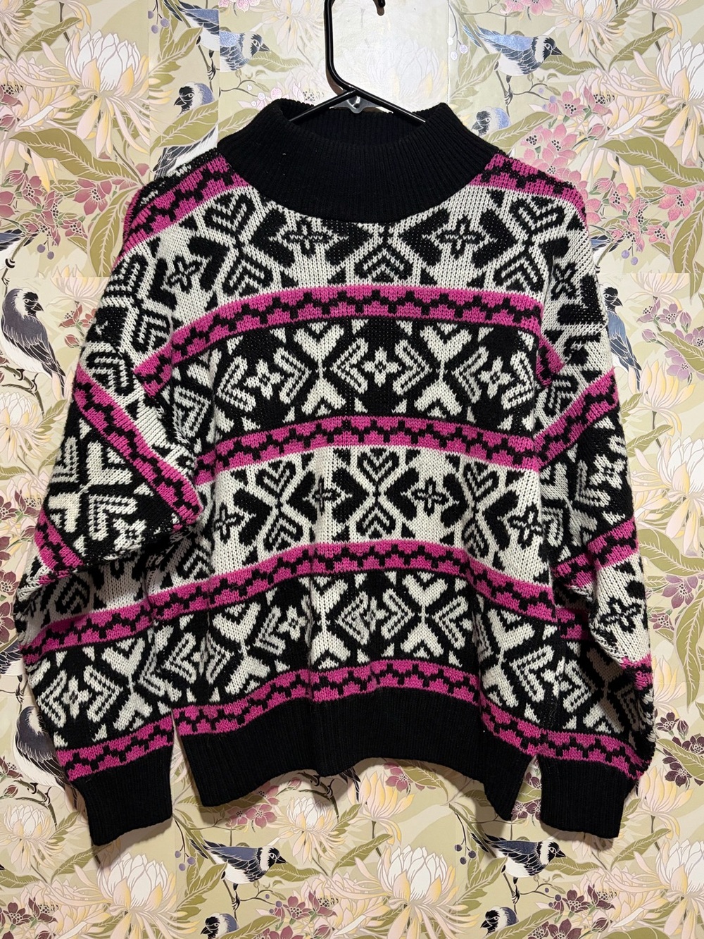 Vintage Black, White & Pink Patterned Turtleneck Sweater